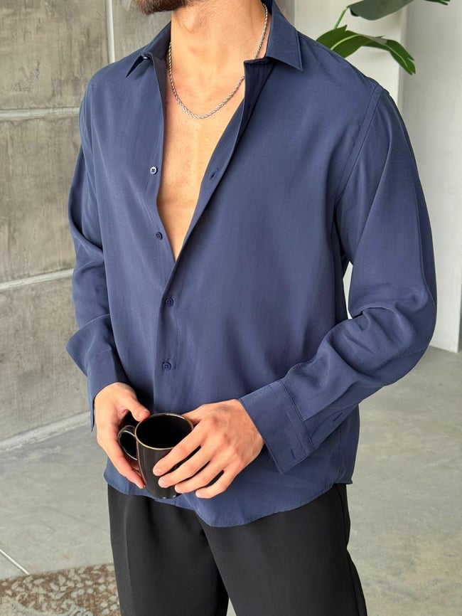 Modal Kumaş Basic Oversize Gömlek M - Lacivert