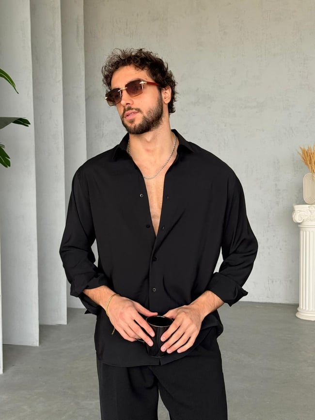 Modal Kumaş Basic Oversize Gömlek M - Siyah