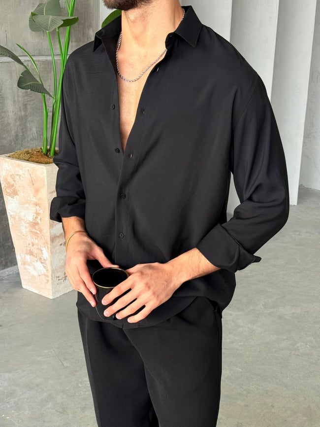 Modal Kumaş Basic Oversize Gömlek M - Siyah