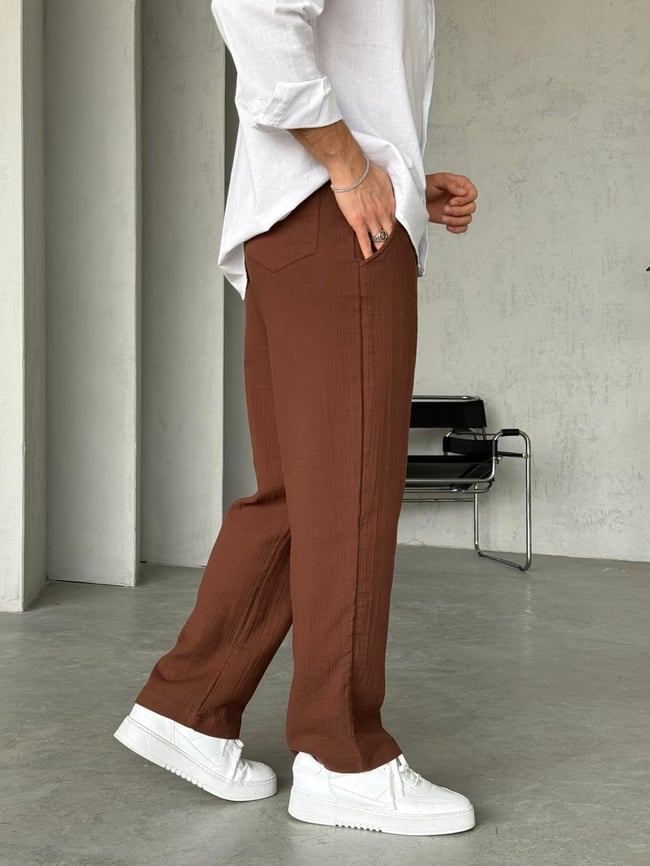 Müslin Kumaş Baggy Pantolon - Kahverengi