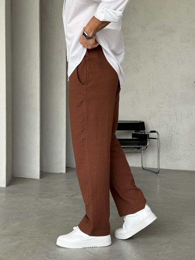 Müslin Kumaş Baggy Pantolon - Kahverengi