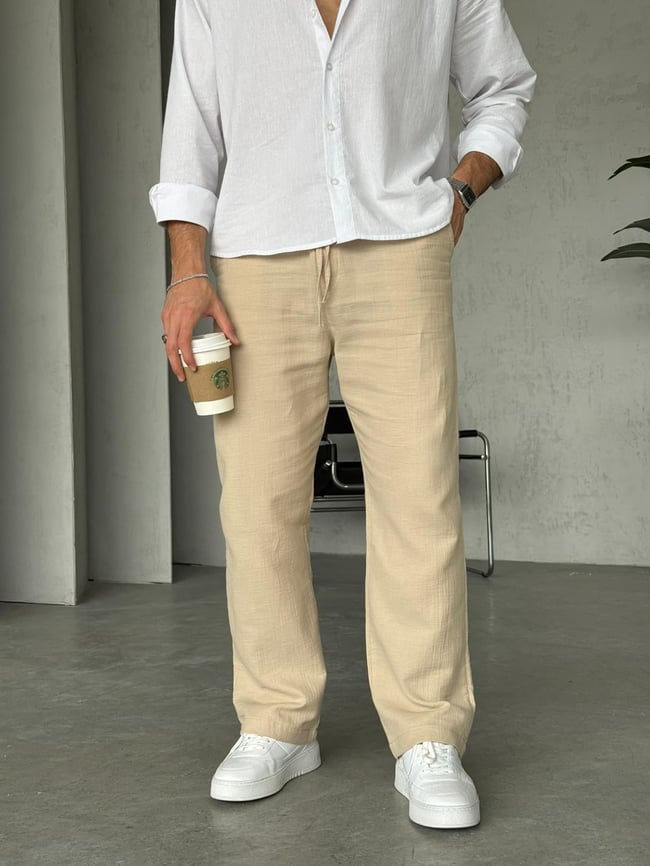 Müslin Kumaş Baggy Pantolon - Krem