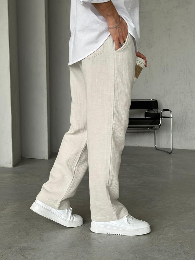Müslin Kumaş Baggy Pantolon - Taş