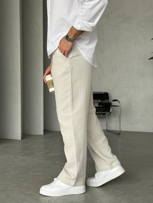 Müslin Kumaş Baggy Pantolon - Taş