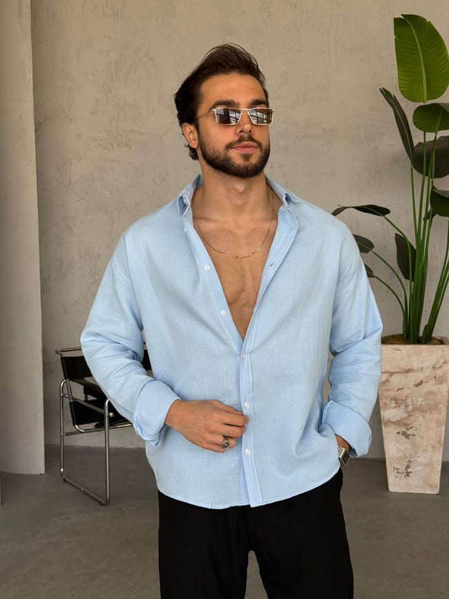 Müslin Kumaş Oversize Gömlek - Bebe Mavi