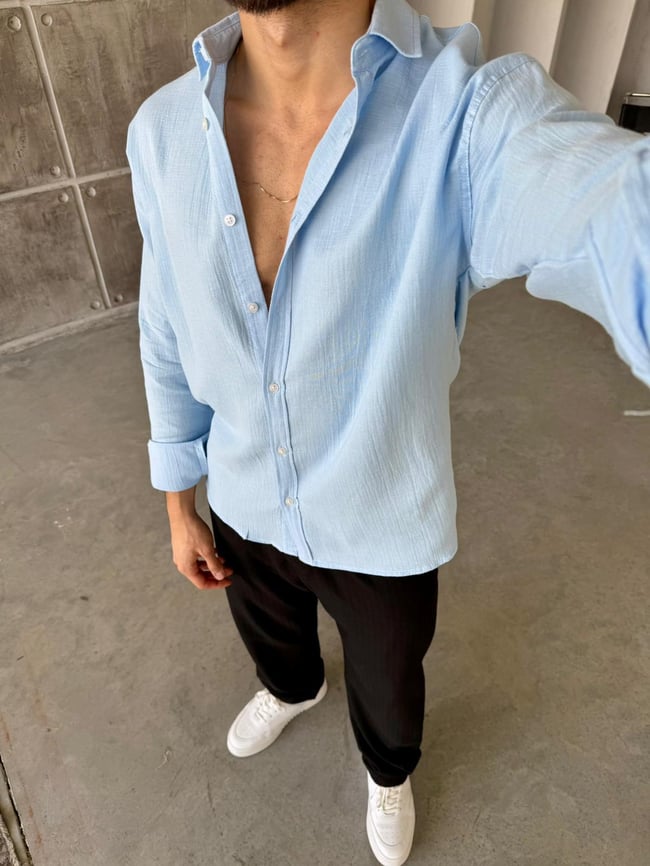 Müslin Kumaş Oversize Gömlek - Bebe Mavi