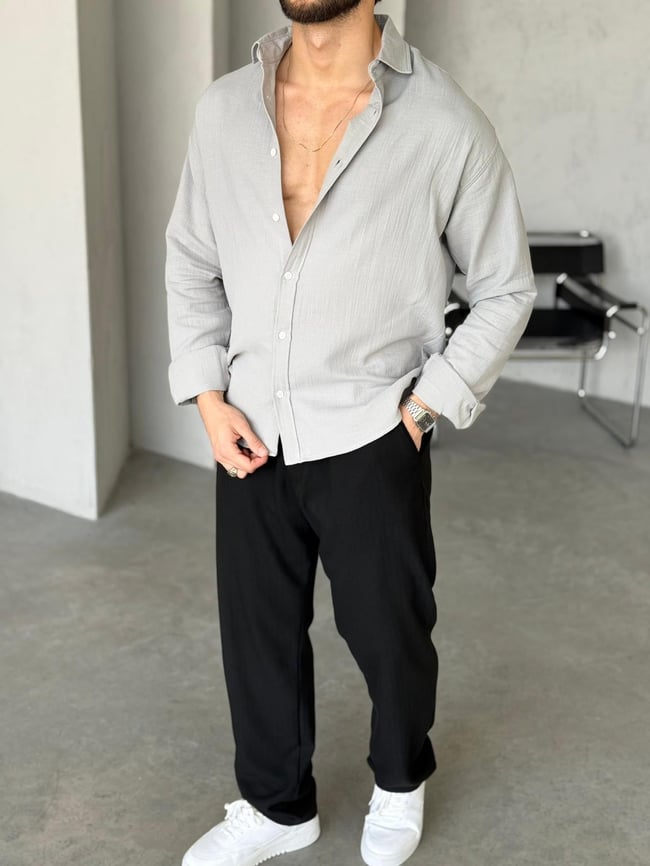 Müslin Kumaş Oversize Gömlek - Gri