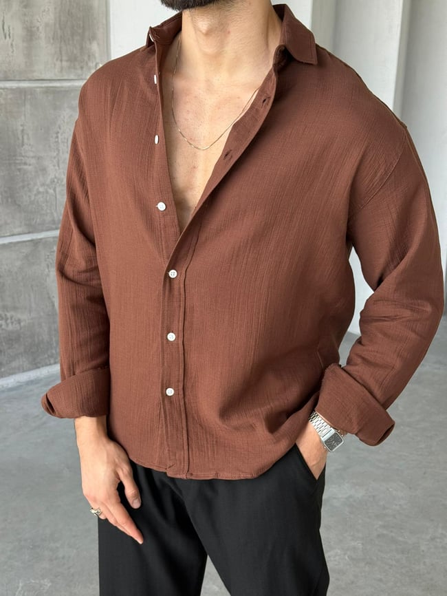 Müslin Kumaş Oversize Gömlek - Kahve