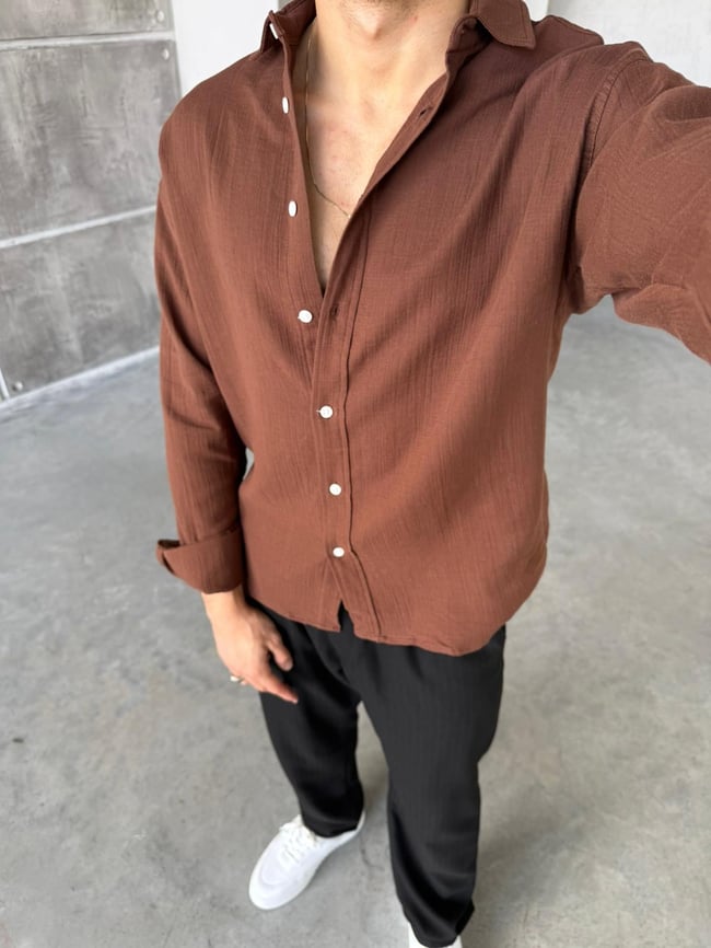 Müslin Kumaş Oversize Gömlek - Kahve