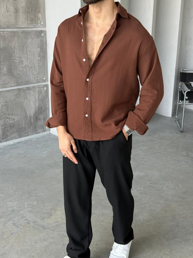 Müslin Kumaş Oversize Gömlek - Kahve