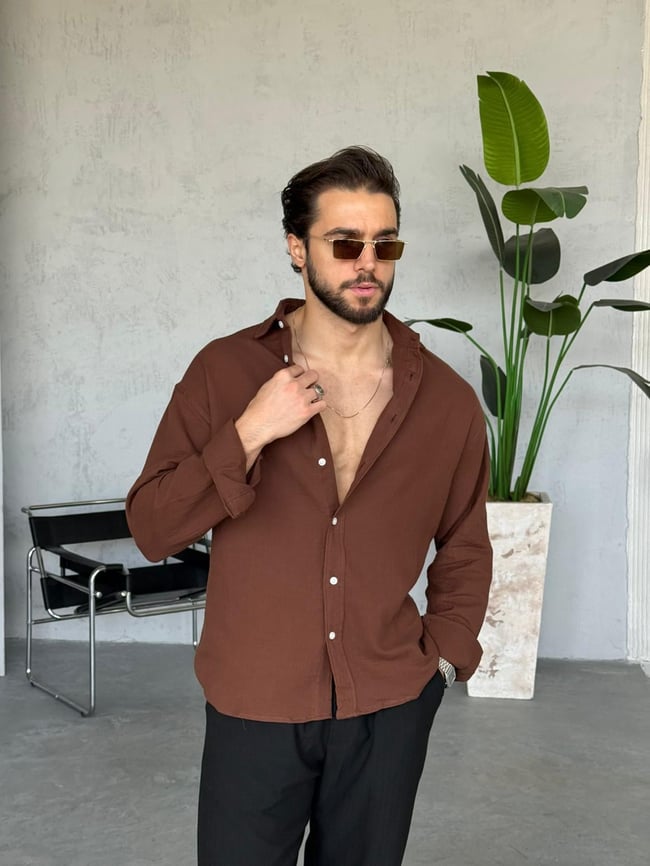 Müslin Kumaş Oversize Gömlek - Kahve