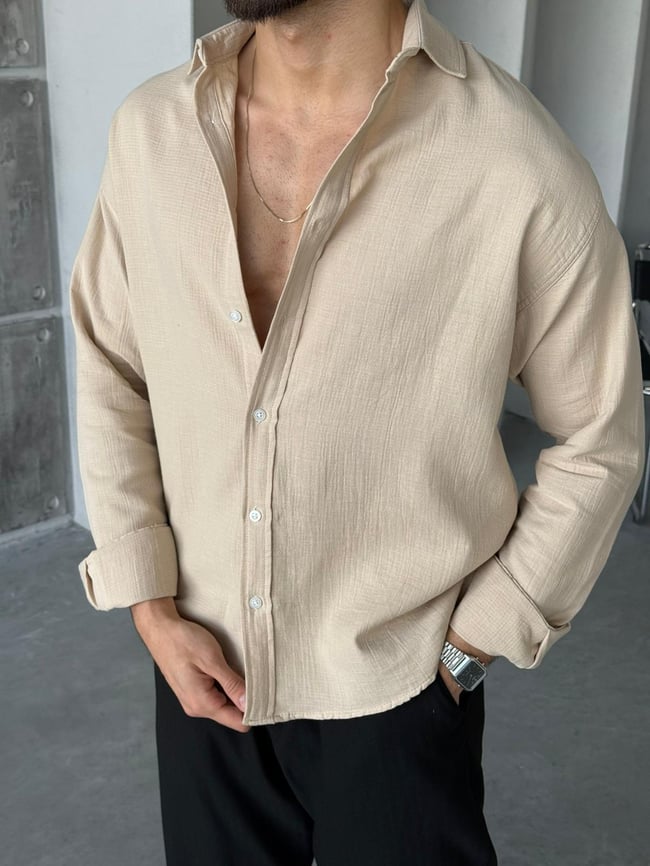 Müslin Kumaş Oversize Gömlek - Krem