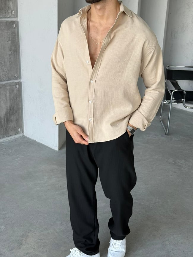Müslin Kumaş Oversize Gömlek - Krem