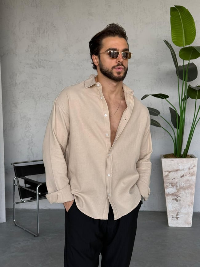 Müslin Kumaş Oversize Gömlek - Krem