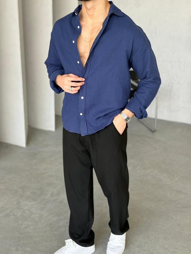 Müslin Kumaş Oversize Gömlek - Lacivert