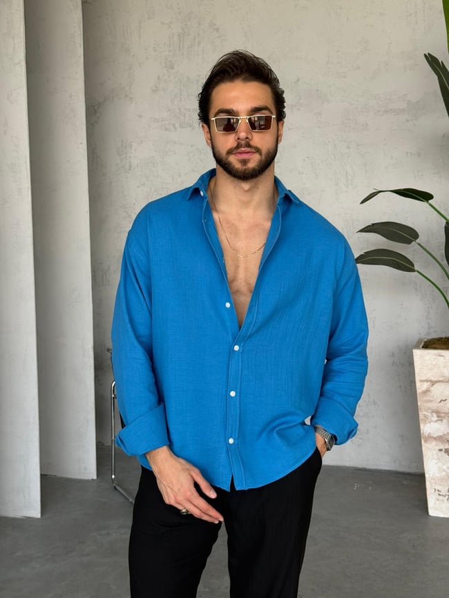 Müslin Kumaş Oversize Gömlek - Mavi
