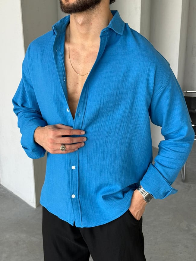 Müslin Kumaş Oversize Gömlek - Mavi