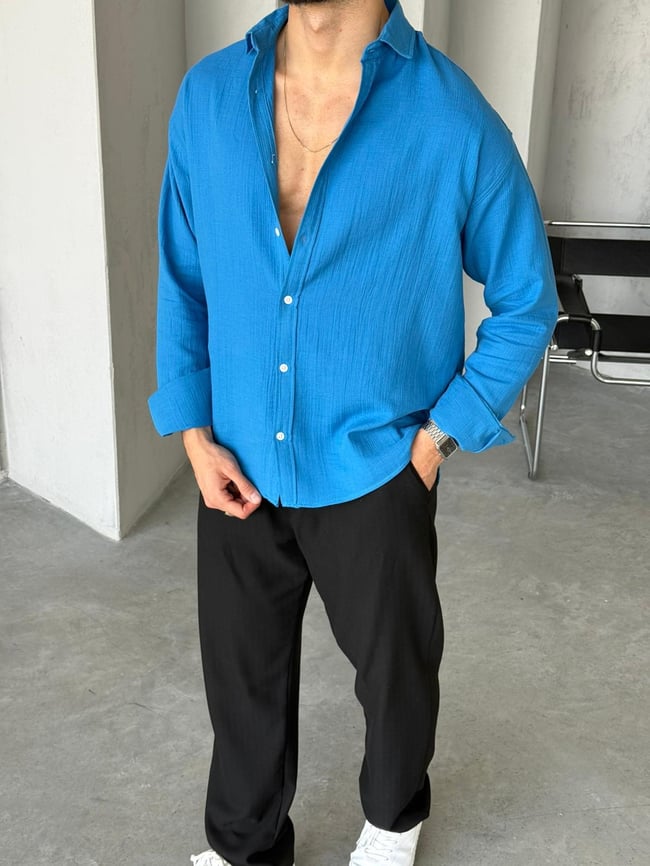 Müslin Kumaş Oversize Gömlek - Mavi