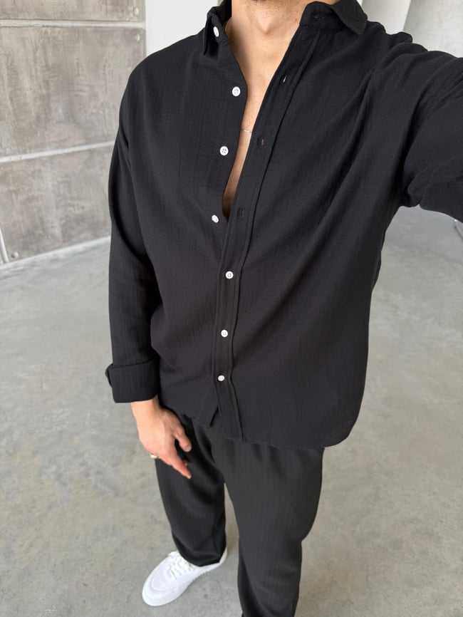 Müslin Kumaş Oversize Gömlek - Siyah
