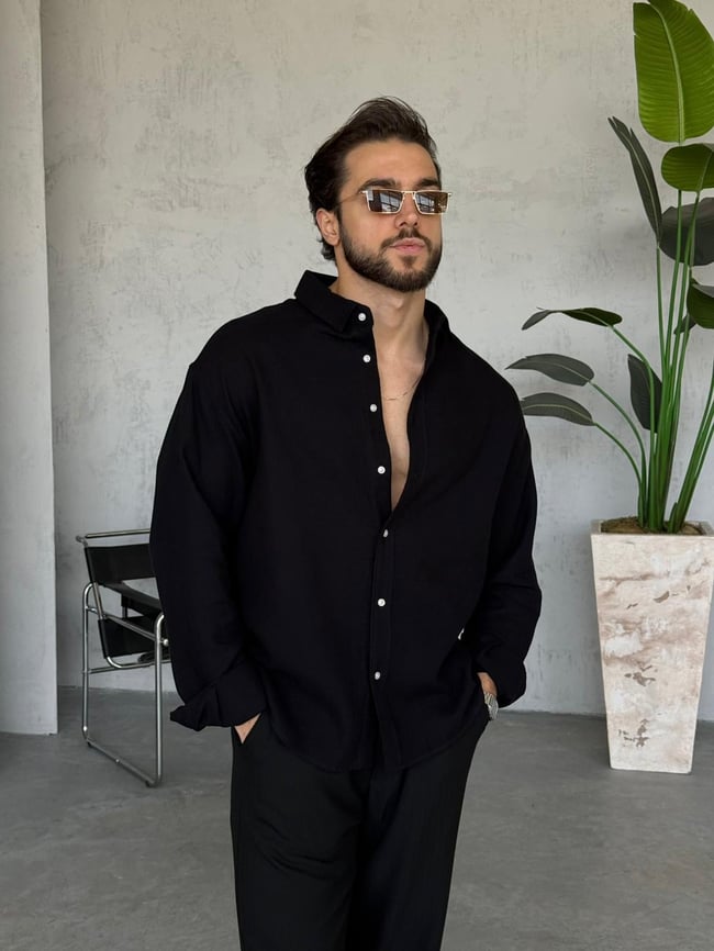 Müslin Kumaş Oversize Gömlek - Siyah