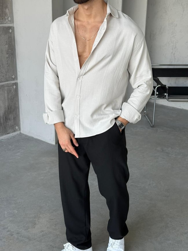 Müslin Kumaş Oversize Gömlek - Taş