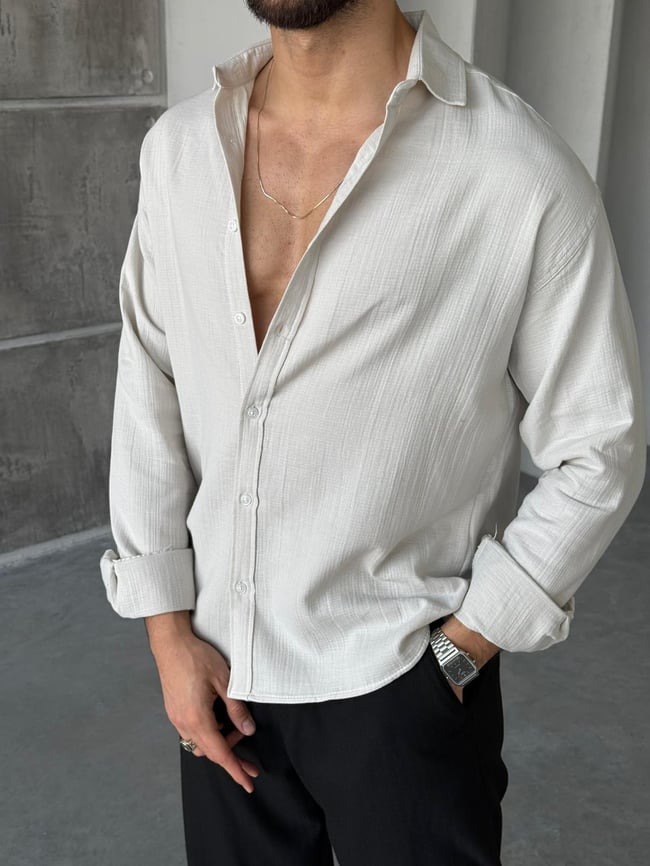 Müslin Kumaş Oversize Gömlek - Taş