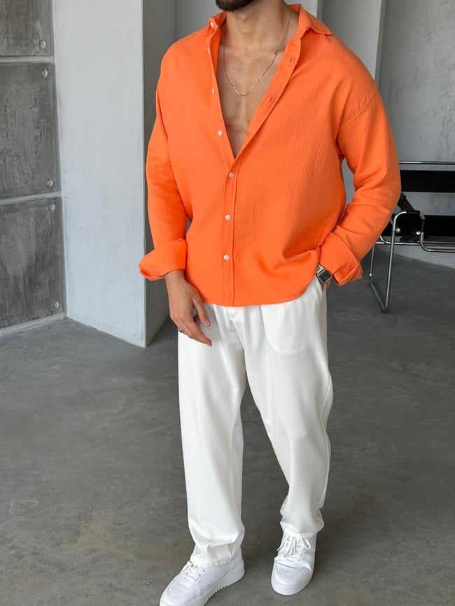Müslin Kumaş Oversize Gömlek - Turuncu