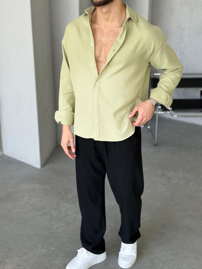 Müslin Kumaş Oversize Gömlek - Yeşil