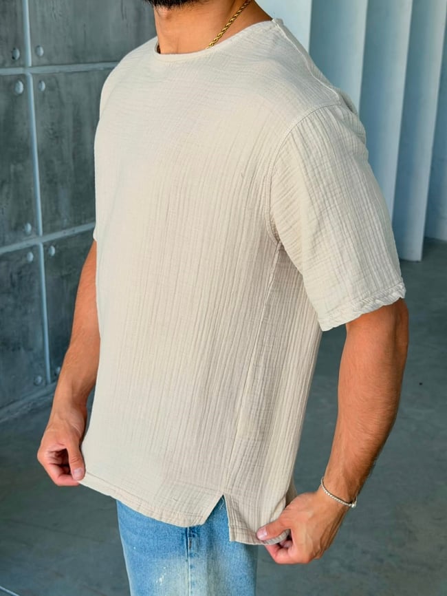 MÜSLİN KUMAŞ OVERSIZE T-SHİRT- KREM