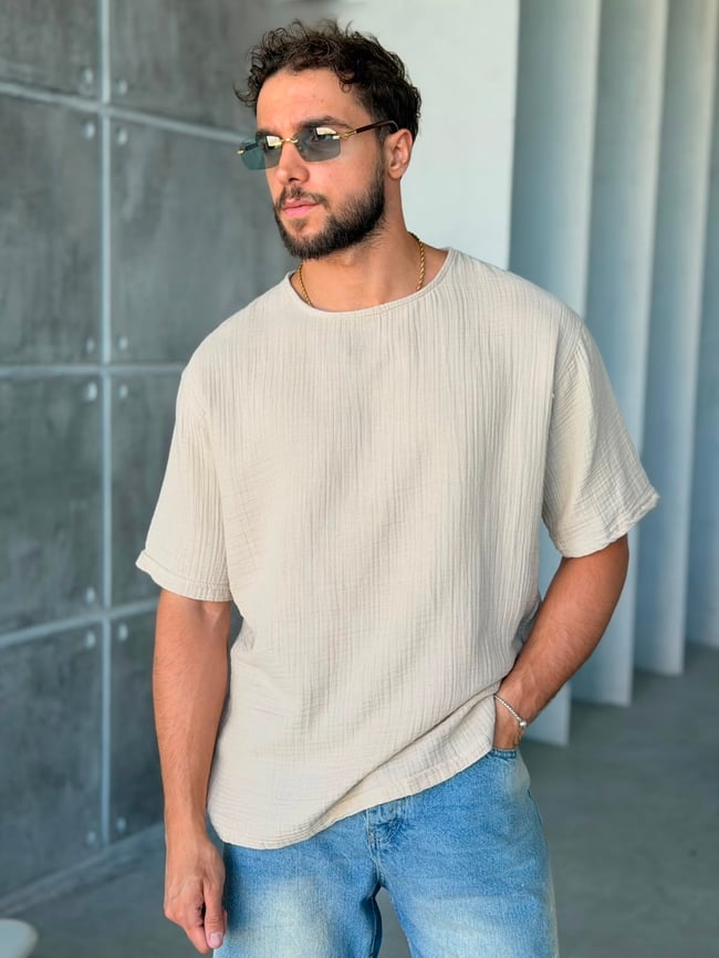 MÜSLİN KUMAŞ OVERSIZE T-SHİRT- KREM