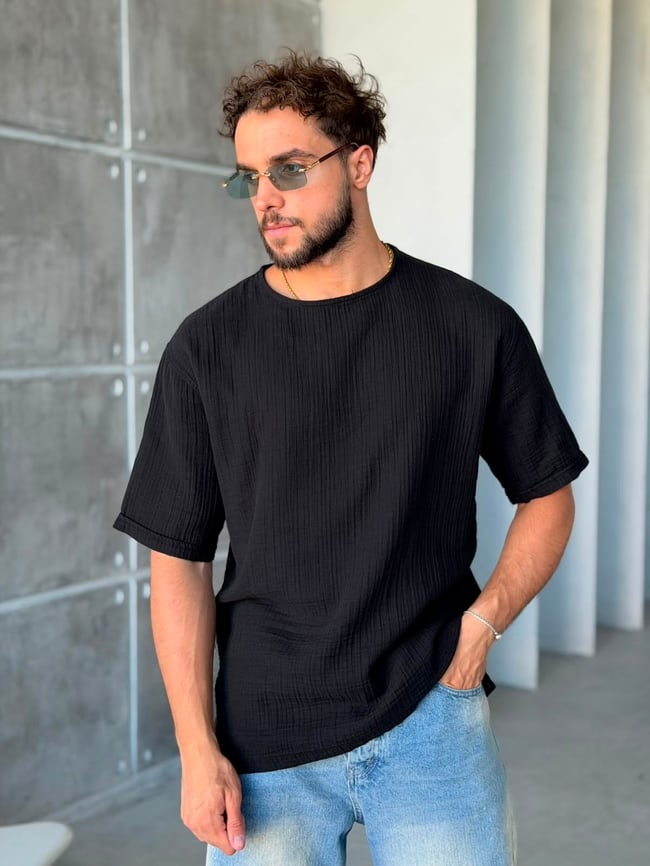 MÜSLİN KUMAŞ OVERSIZE T-SHİRT- SİYAH
