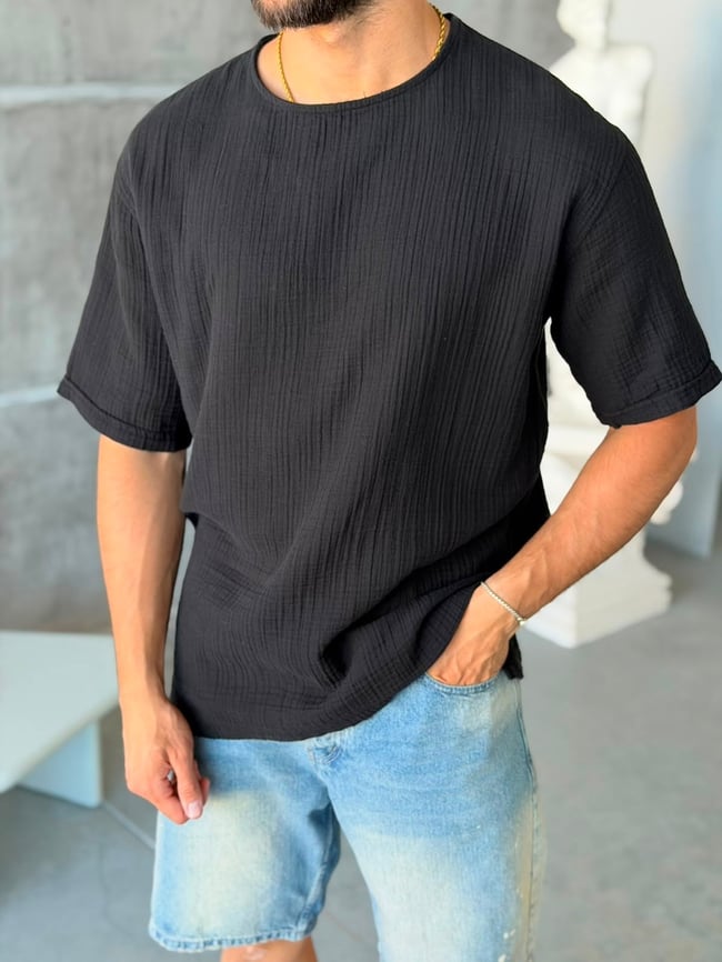 MÜSLİN KUMAŞ OVERSIZE T-SHİRT- SİYAH