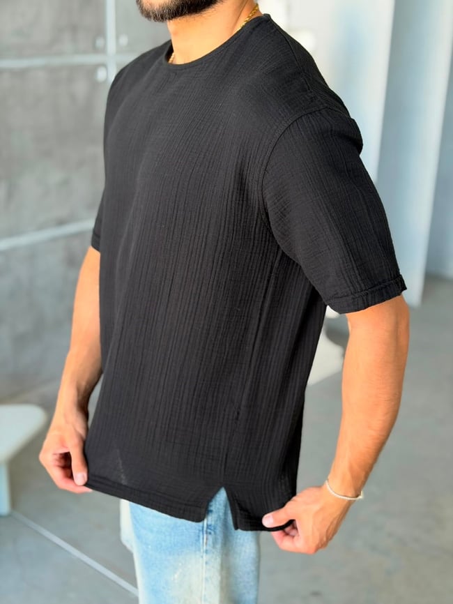 MÜSLİN KUMAŞ OVERSIZE T-SHİRT- SİYAH