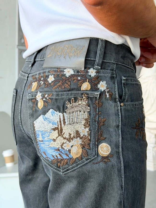 NAKIŞLI FÜME FLARE KALIP KOT PANTOLON