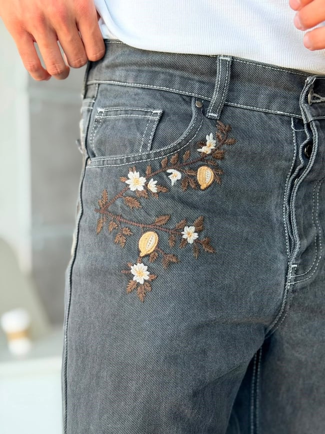 NAKIŞLI FÜME FLARE KALIP KOT PANTOLON