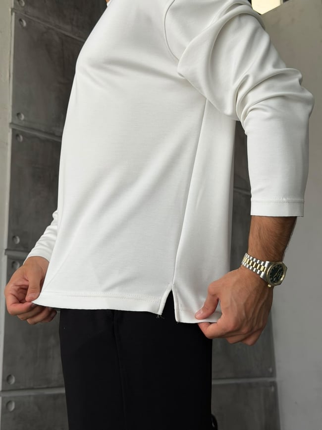 Naturel Kesim Basıc Bisiklet Yaka Sweat Beyaz