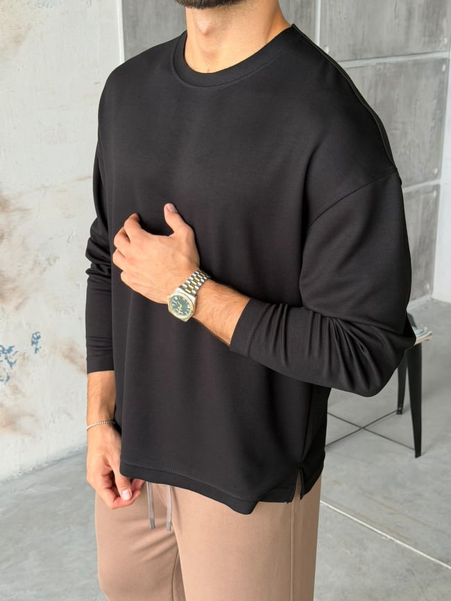 Naturel Kesim Basıc Bisiklet Yaka Sweat Siyah