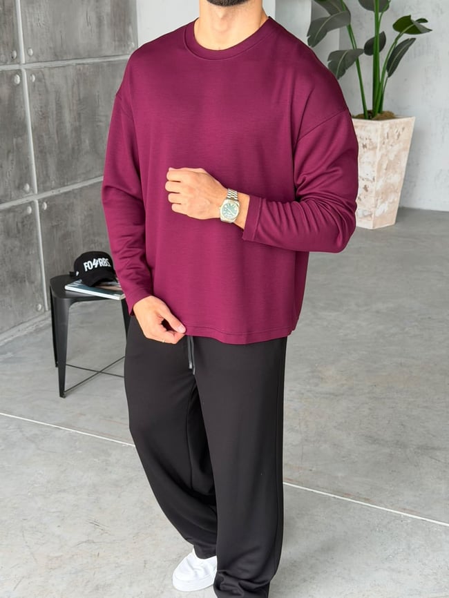 Naturel Kesim Basıc Bisiklet Yaka Sweat Bordo