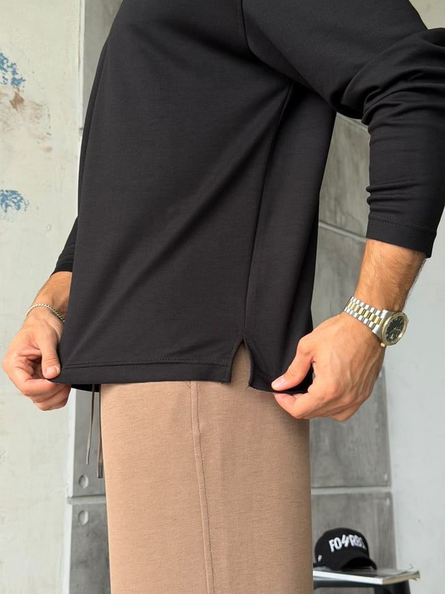 Naturel Kesim Basıc Bisiklet Yaka Sweat Siyah