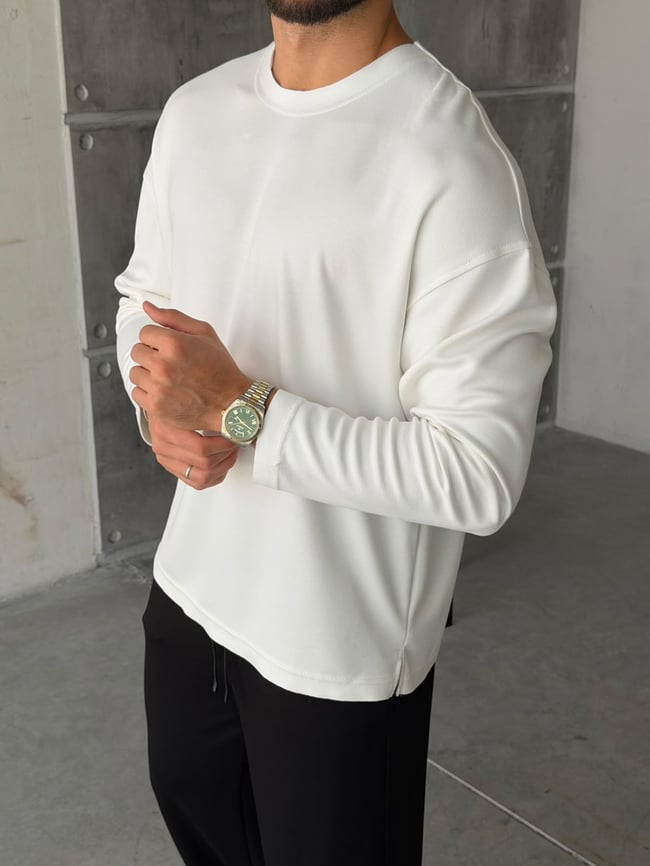 Naturel Kesim Basıc Bisiklet Yaka Sweat Beyaz