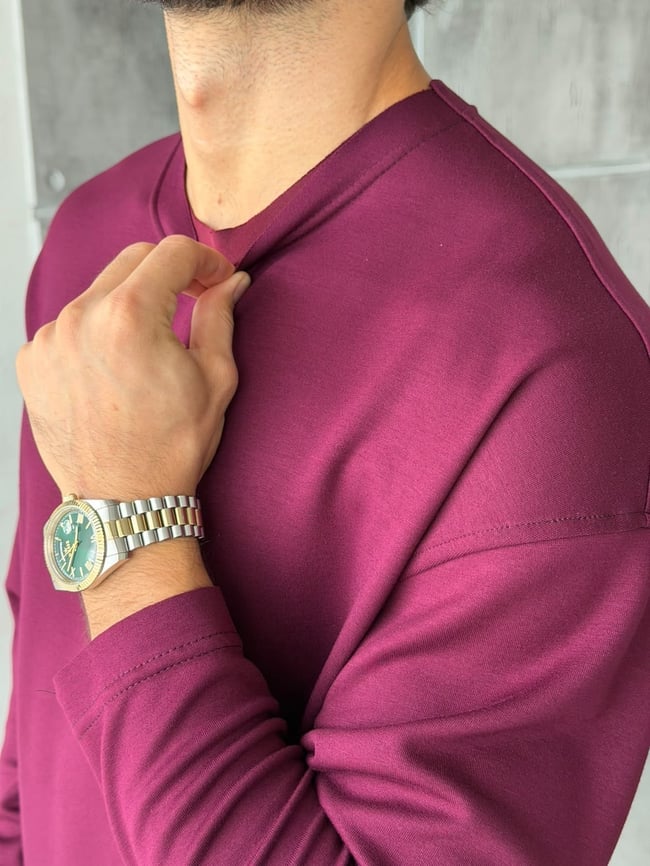 Naturel Kesim Basıc Bisiklet Yaka Sweat Bordo