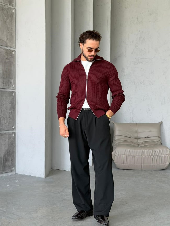 Örgü Desenli Çift Fermuarlı Triko Hırka M - BORDO