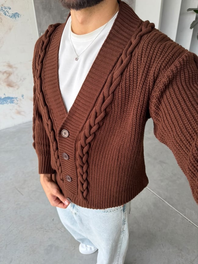 Örgü Detaylı Oversize Triko Hırka T Kahverengi