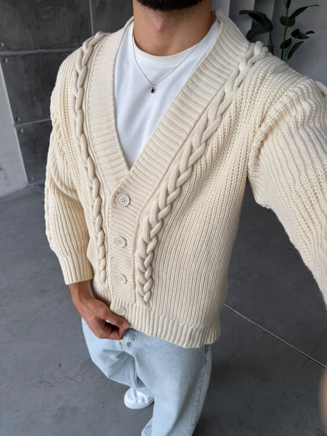 Örgü Detaylı Oversize Triko Hırka T Krem
