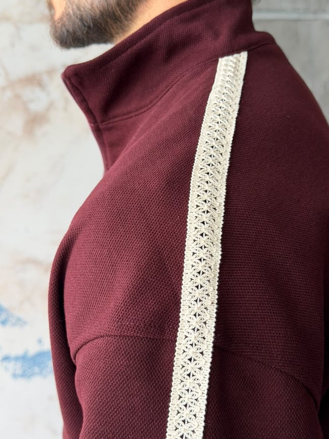 Örgü Şerit Detaylı Fermuarlı Takım Bordo