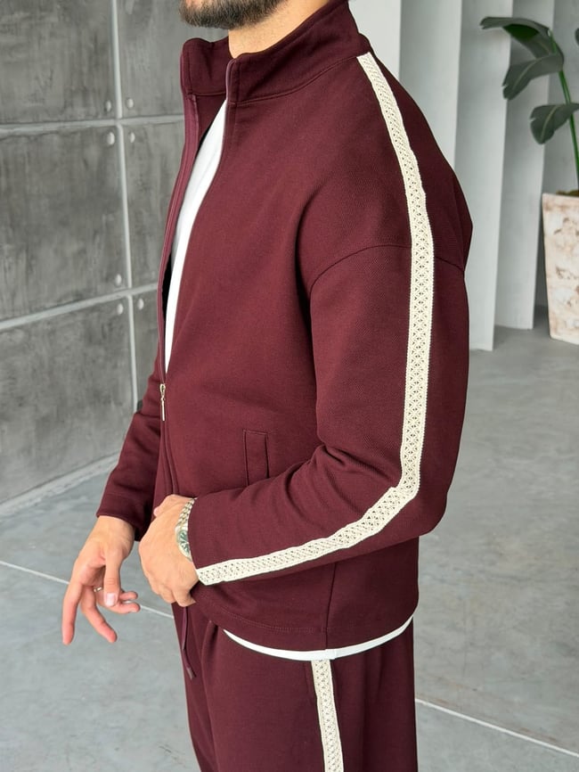 Örgü Şerit Detaylı Fermuarlı Takım Bordo