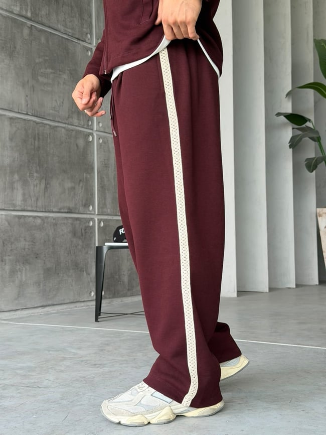 Örgü Şerit Detaylı Fermuarlı Takım Bordo