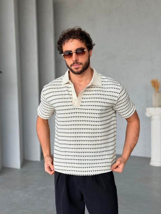 Örme Çizgili Polo Yaka Triko M - Ekru