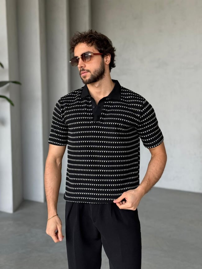 Örme Çizgili Polo Yaka Triko M - Siyah