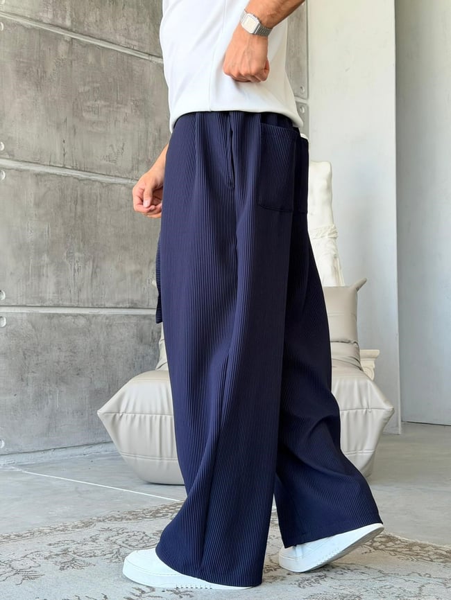 Ottoman kumaş FİTİLLİ Wide Leg Pantolon - LACİVERT